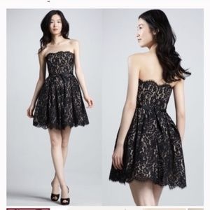 Black lace strapless flare cocktail party dress